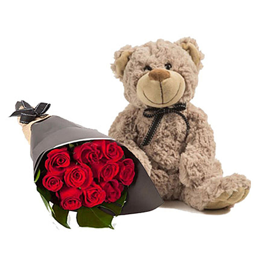 Lovely Red Roses With Brown Teddy