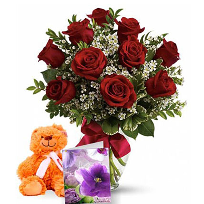 Valentine Hamper Of Roses N Teddy