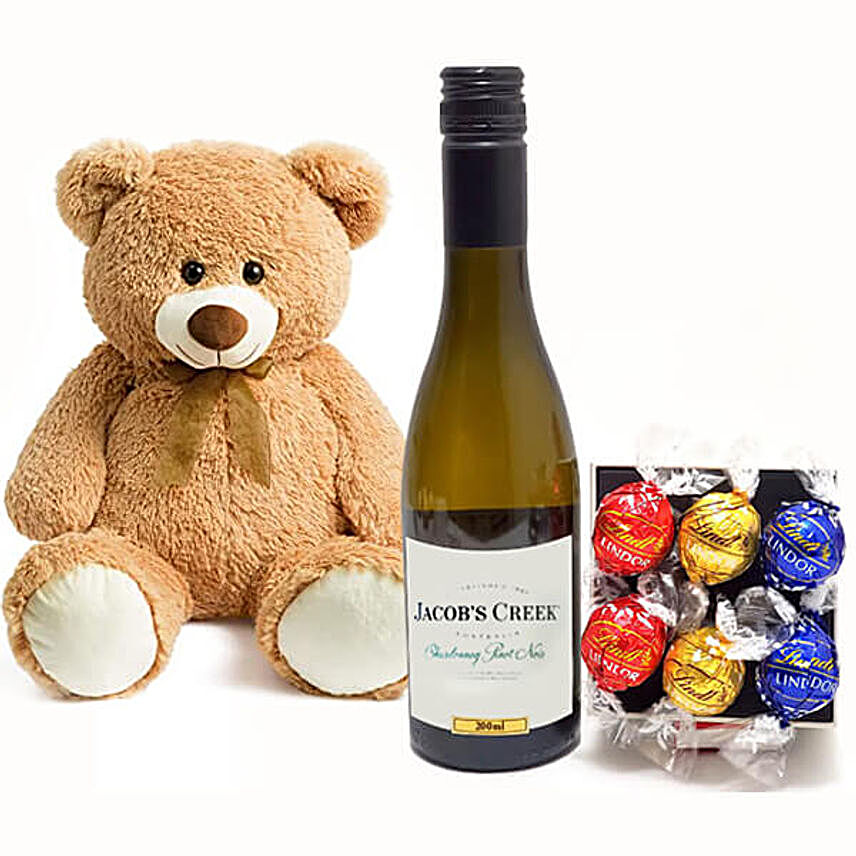 Refreshing Wine And Cute Teddy With Chocolate Truffles