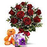 Valentine Hamper Of Roses N Teddy