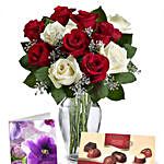 Red N White Roses With Chocolates