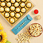Sea Blue Pearls Rakhi And Cashew With 16 Pcs Ferrero Rocher