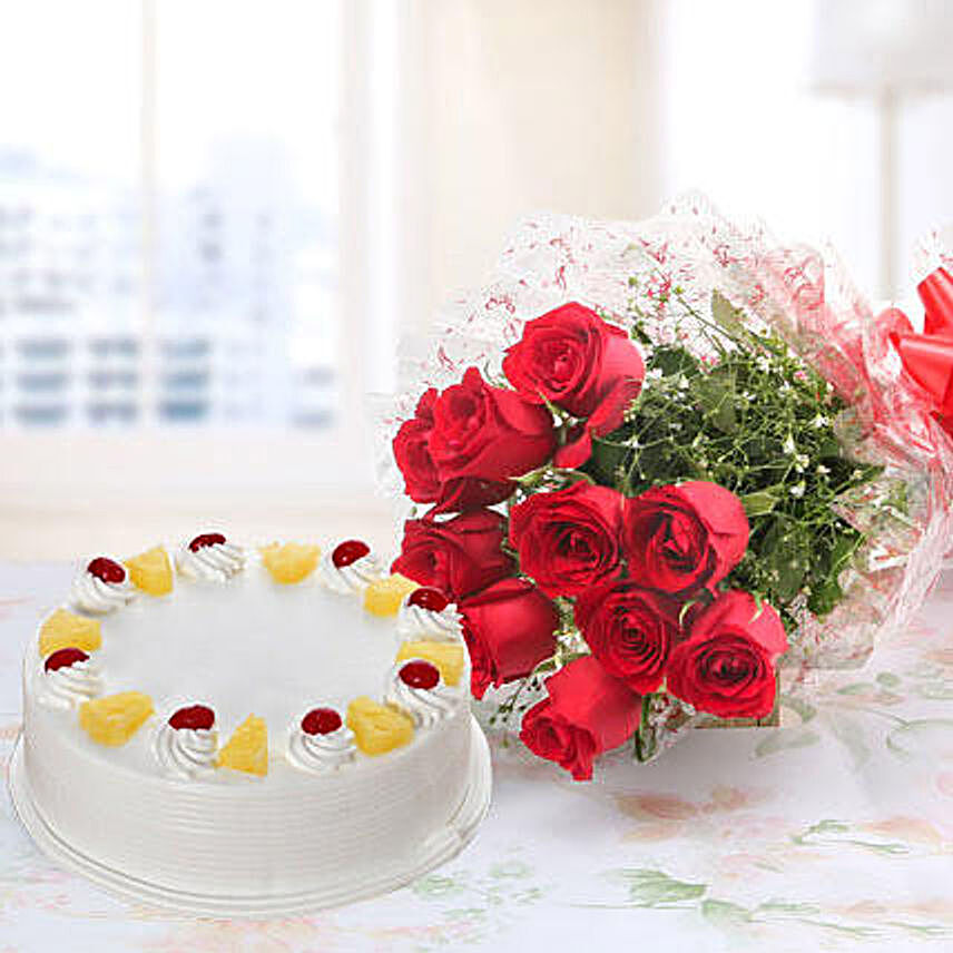 10 Red Roses And Pineapple Cake Combo
