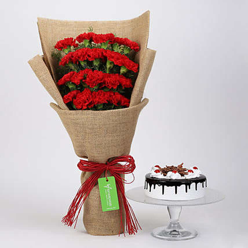 20 Red Carnations And Black Forest Cake