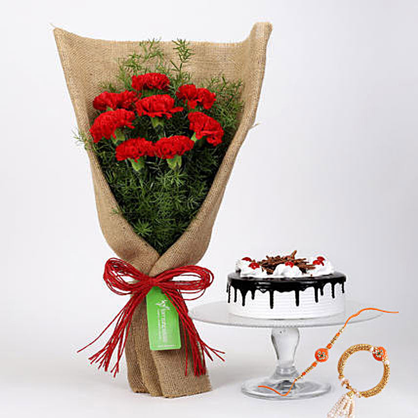 8 Red Carnations And Black Forest Cake With Rakhi