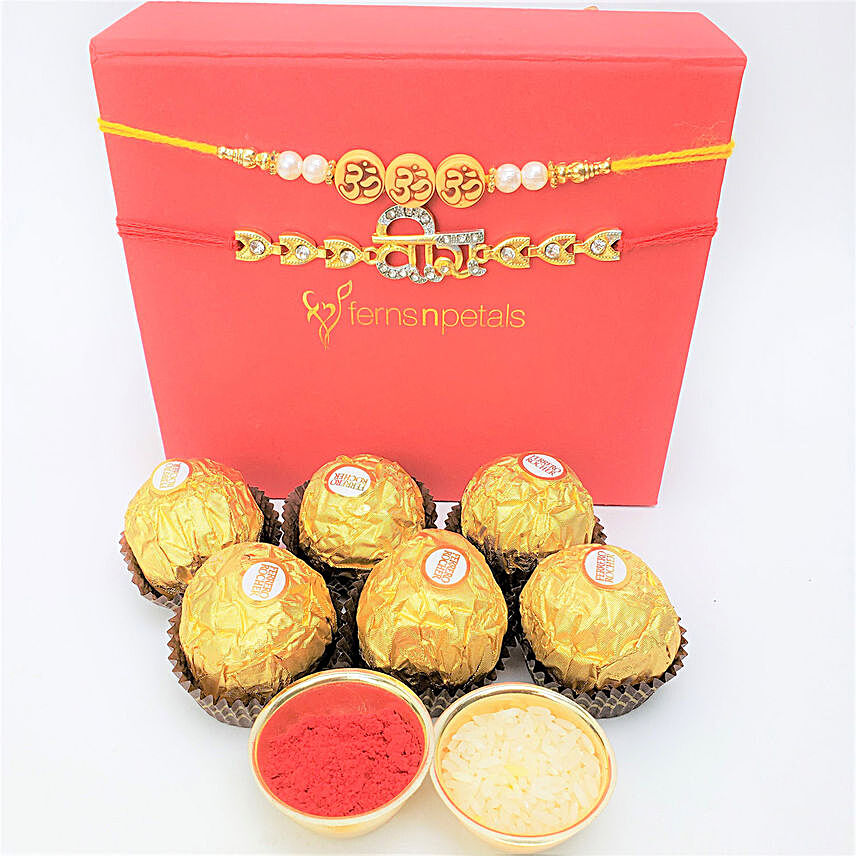Traditional Rakhis And Rocher 6 Pieces Combo