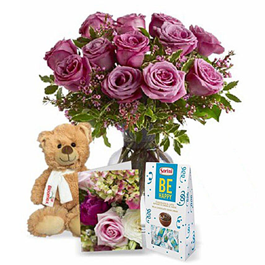 Lavender Roses with Teddy N Chocolate