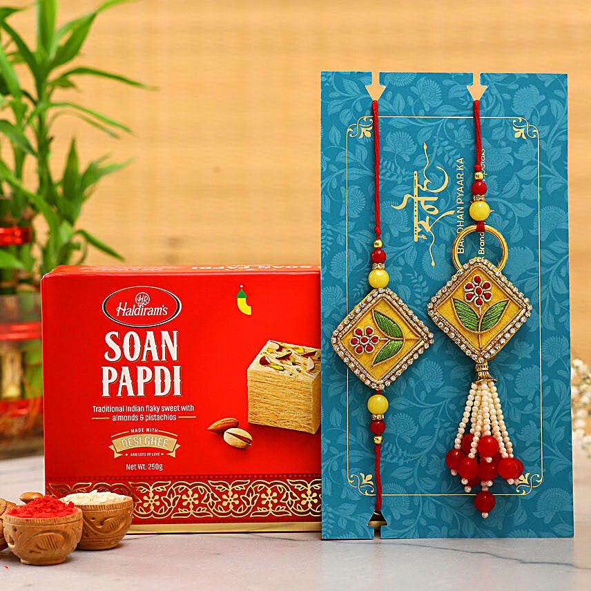 Rajasthani Embroidered Lumba Rakhi Set With Soan Papdi