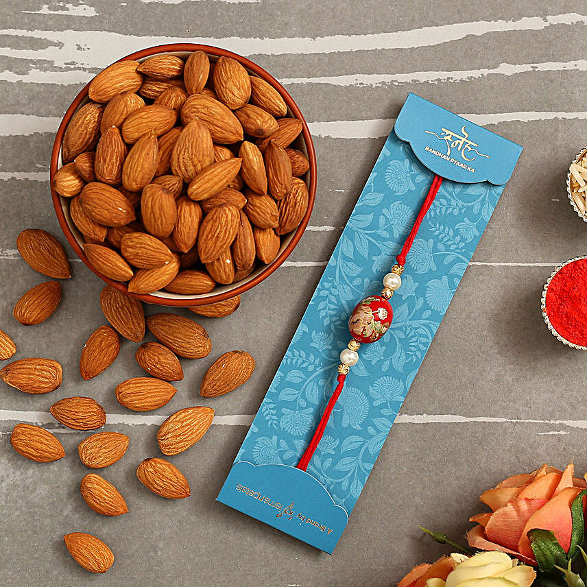 Japanese Red Stone Rakhi And Healthy Almonds