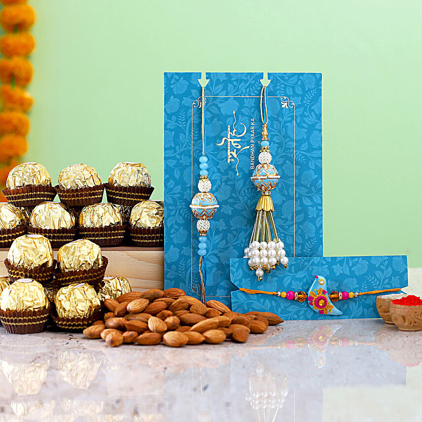 Blue Lumba Rakhi Set And Kids Rakhi With Almonds And Ferrero Rocher