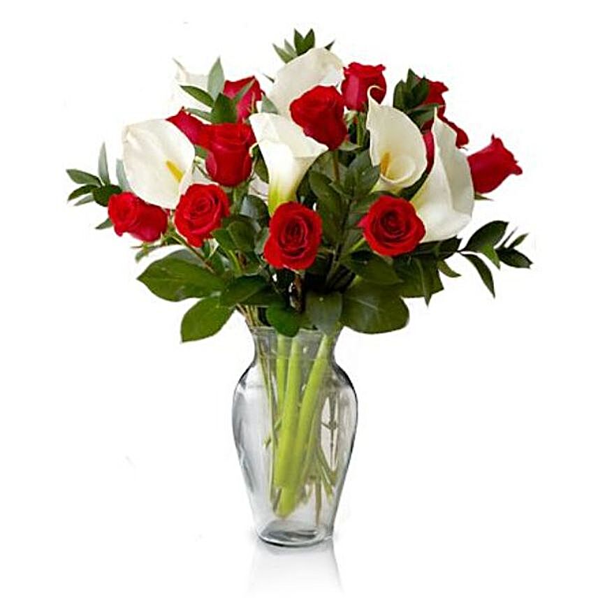 Blissful Red Roses And White Lilies Vase