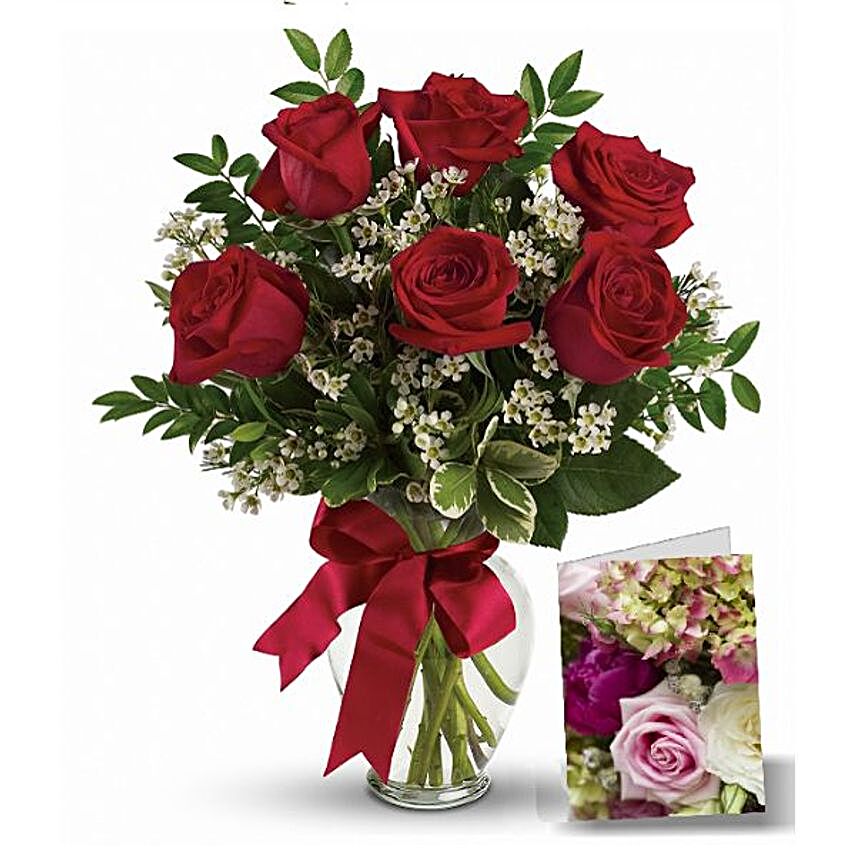Sweet Love Red Roses Vase And Greeting Card