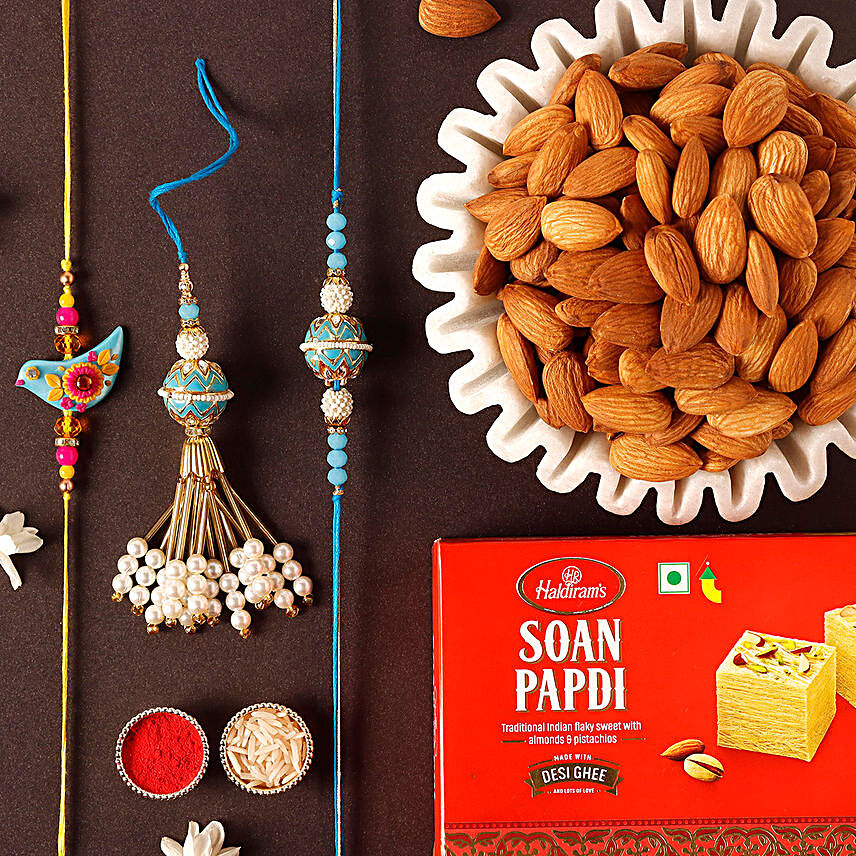 Sneh Serene Family Rakhi Set With Soan Papdi & Almonds