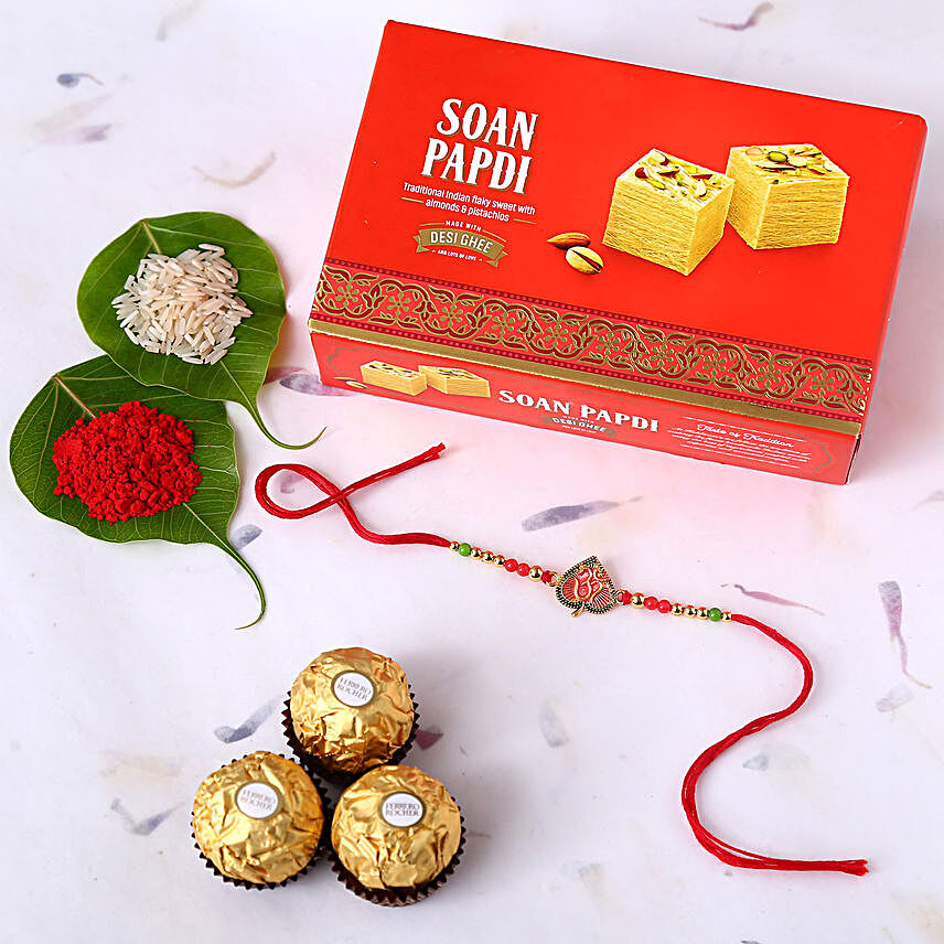 Sneh Om Leaf Rakhi With Soan Papdi & Ferrero Rocher