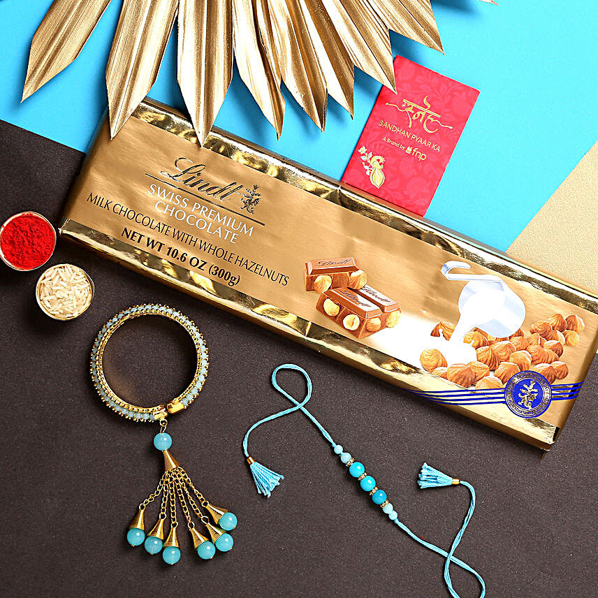 Sneh Blue Bangle Style Rakhi Set & Lindt Swiss Classic Chocolate