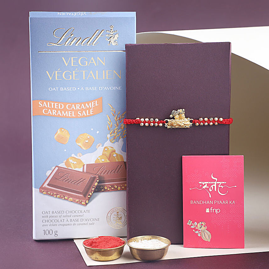 Sneh Golden Krishna Rakhi & Salted Caramel Chocolate