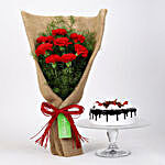 8 Red Carnations And Black Forest Cake