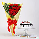 12 Red Carnations And Black Forest Cake With Rakhi