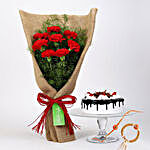8 Red Carnations And Black Forest Cake With Rakhi