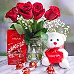 Red Roses Bunch With Teddy And Lindt Chocolate
