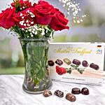 Romantic Red Roses Bouquet And Maitre Assorted Chocolates