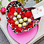 Roses N Chocolate In Heart Box Arrangement