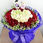 Blissful White And Red Roses Bouquet And Cute Teddies