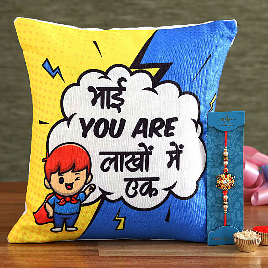 Meenakari Rakhi and Bhai Special Cushion