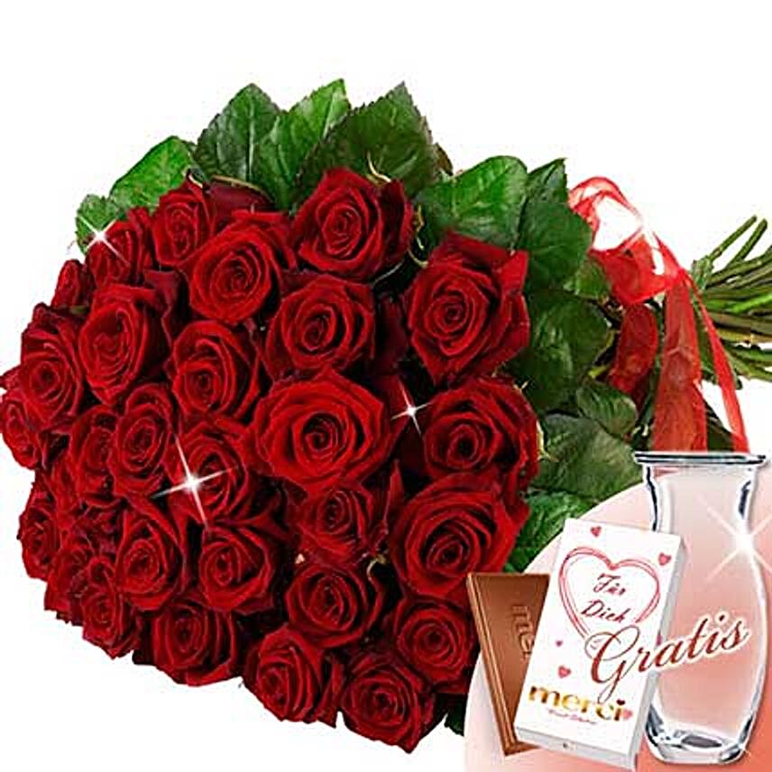 15 Red Roses With Limonium Vase and Merci