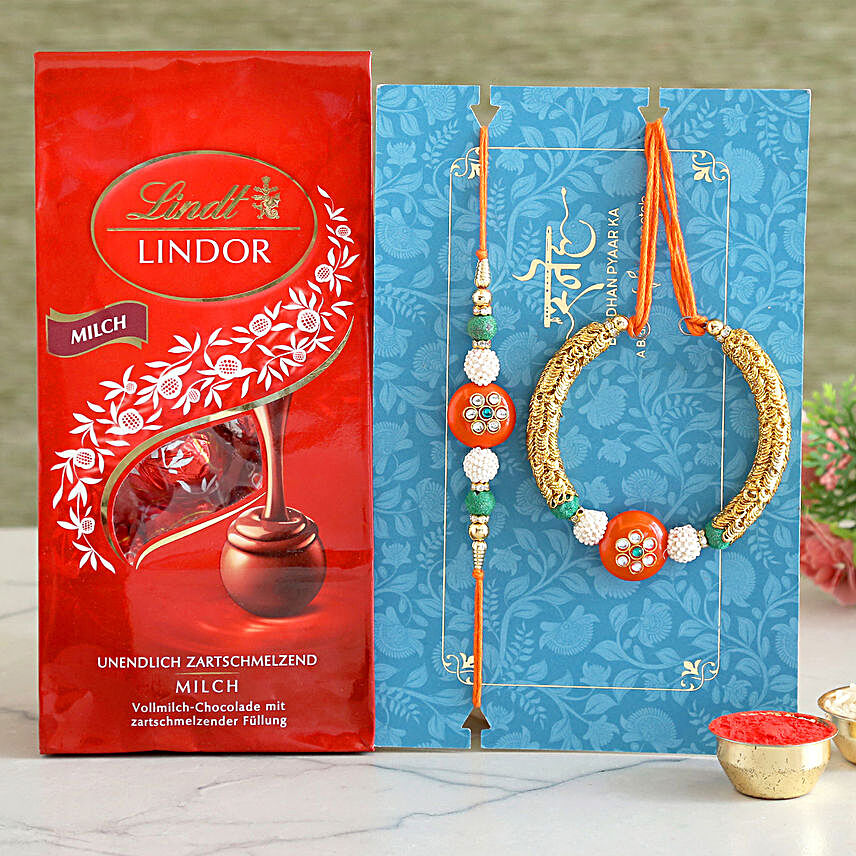 Orange Lumba Rakhi Set And Lindt Lindor Milch Chocolates