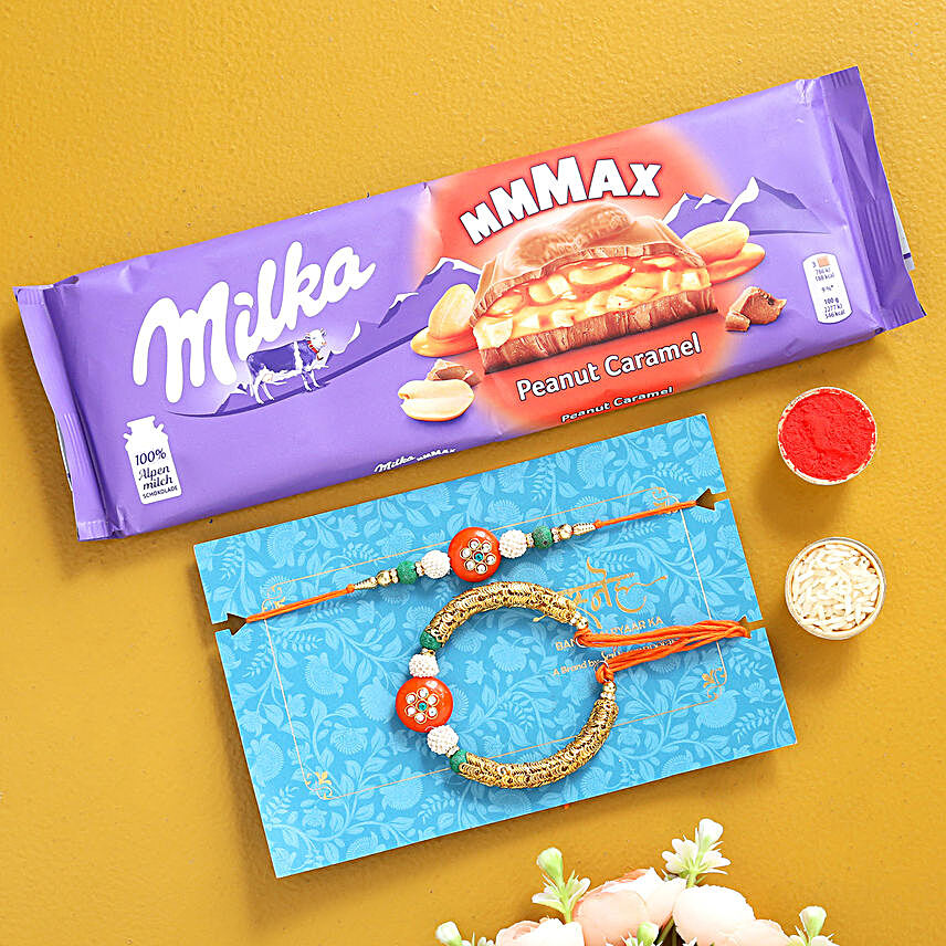 Orange Lumba Rakhi Set And Milka Peanut Chocolate