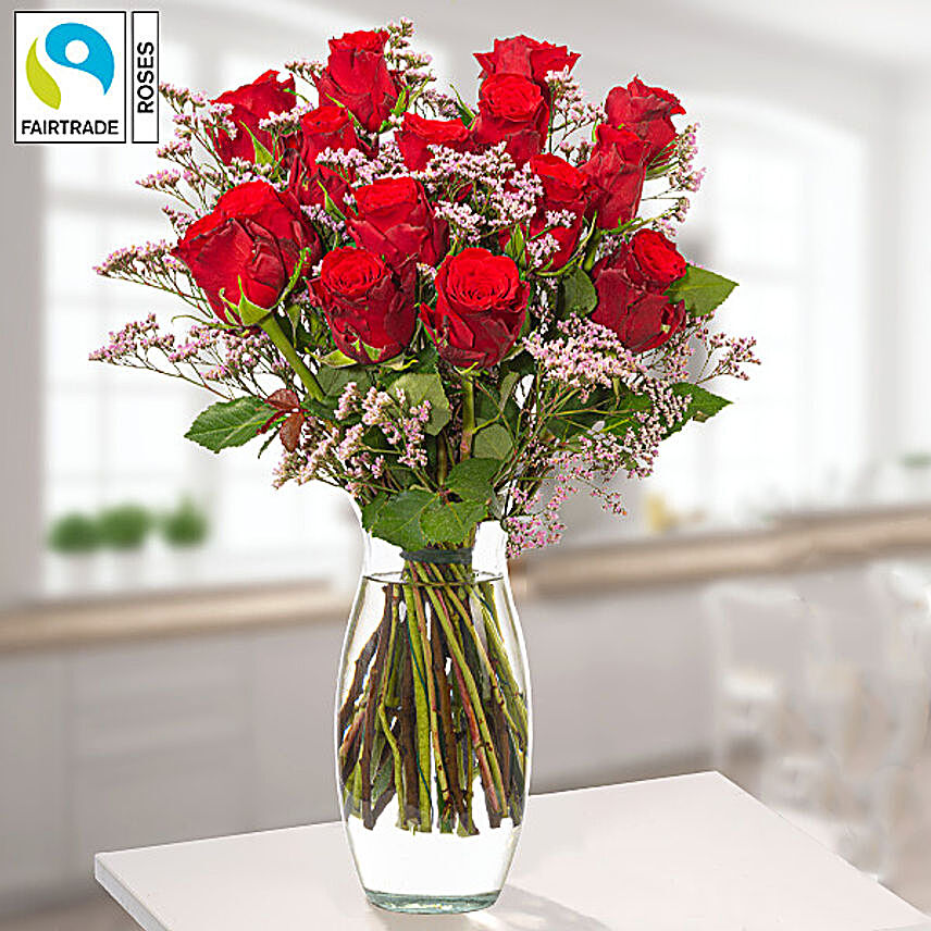 Bunch Of Red Roses N Blue Limonium With Free Vase