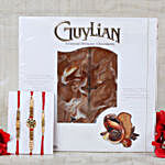 Three Goleden Crafted Rakhi Set with Belgian Chocolates