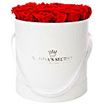 20 red roses in a white hat box