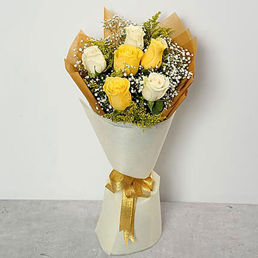 Bunch Of 6 White and Yellow Roses