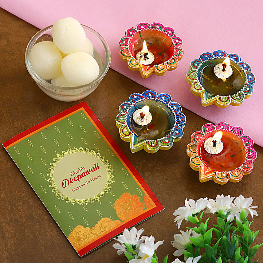Decorative Diwali Diyas With Greeting Card And Rasgulla