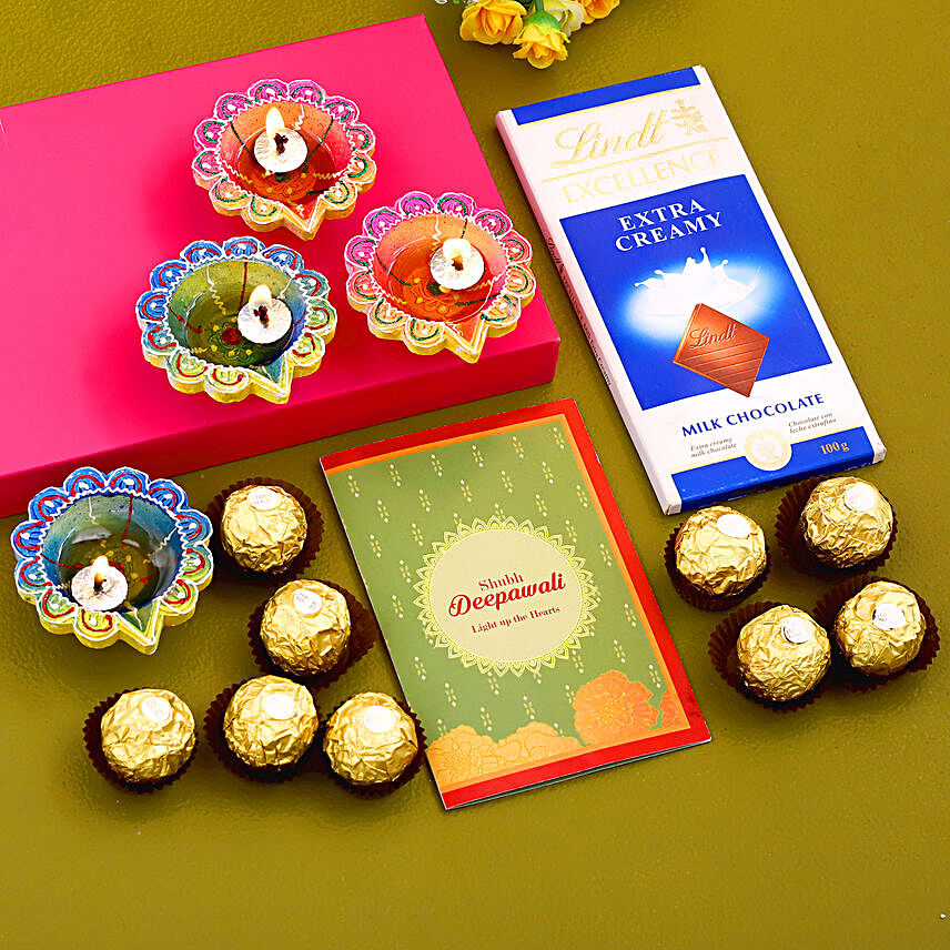 Diwali Greetings With Diyas And Chocolates