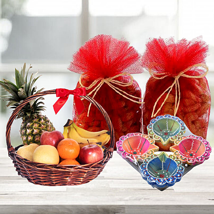Fruits Basket With Dry Fruits And Diyas