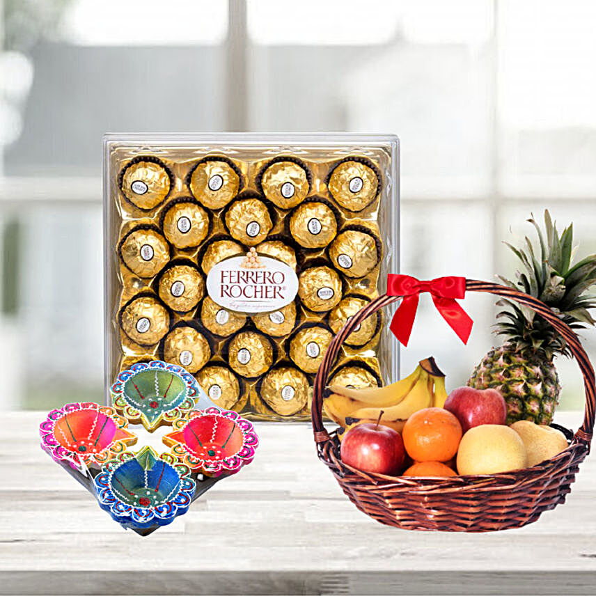 Fruits Basket With Ferrero Rocher And Diyas