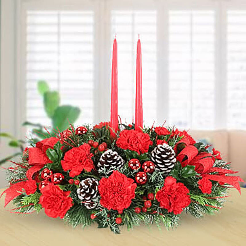 Red Carnations And Red Candles Christmas Arrangement
