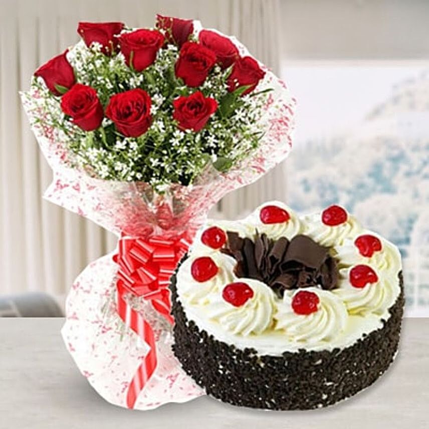 Red Roses Bouquet And Black Forest Cake