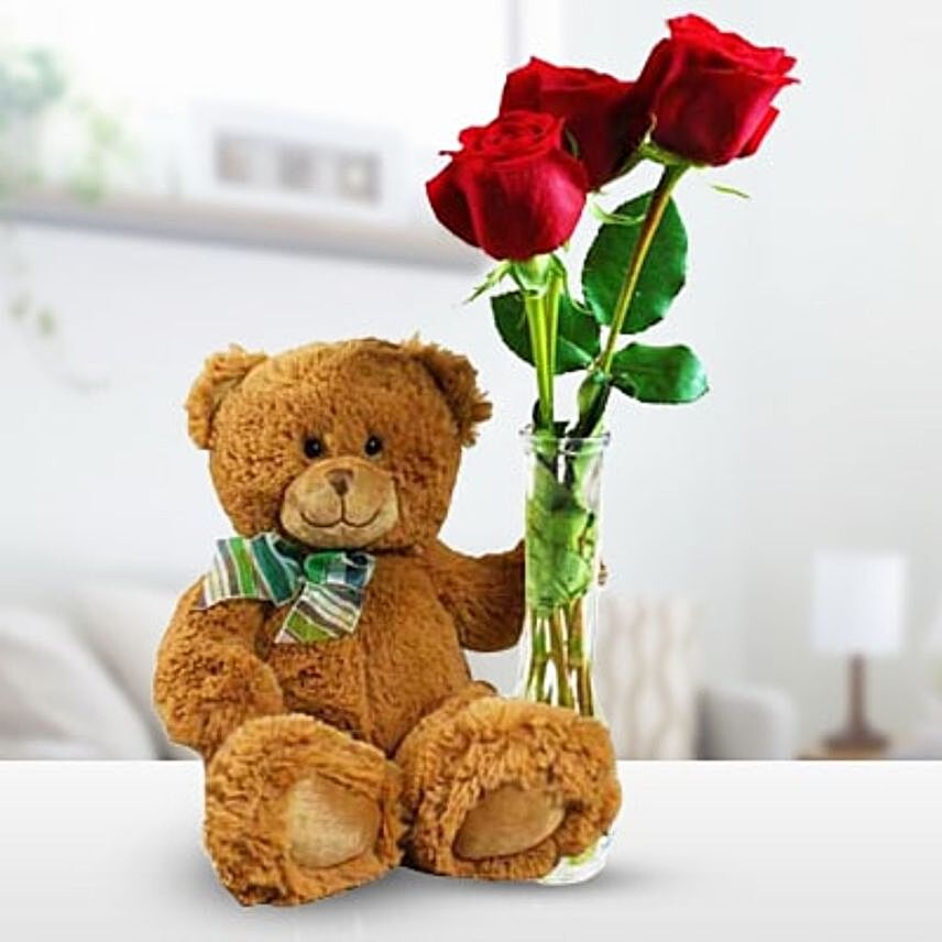 Romantic Red Roses Vase And Teddy