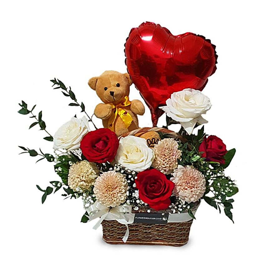 Mixed Roses Basket With Teddy And Heart Balloon