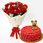 20 Red Roses Bouquet With Teddy Cake