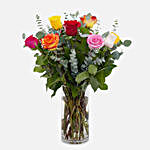 Bunch Of 12 Mixed Roses Glass Vase Arrangement
