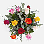 Bunch Of 12 Mixed Roses Glass Vase Arrangement