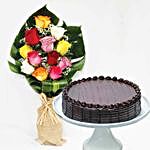 Vivid Roses Bouquet Chocolate Fudge Cake