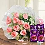 Elegant Pink Roses Bouquet And Silk Chocolates