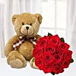 Mesmerising Red Roses Bouquet And Teddy