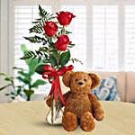 Ravishing Red Roses Vase And Teddy